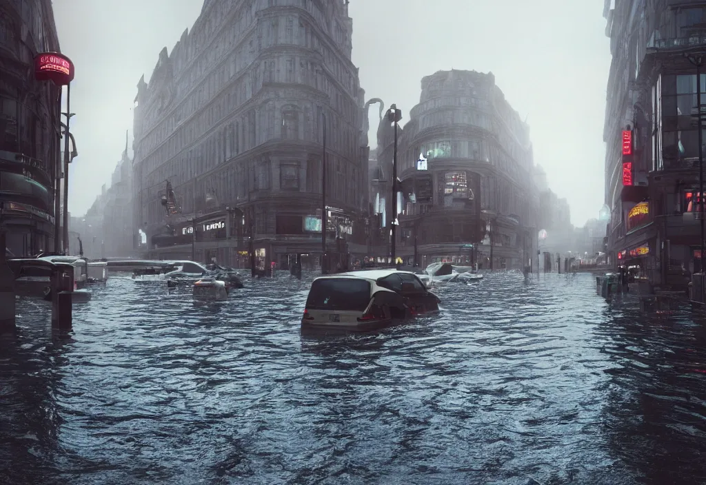 Prompt: kodak portra 4 0 0 photographic and realistic, oxford circus, detailed, octane render, unreal engine, 4 k, artstation, hyper realistic, wide angle, floor flooded, how a river, objects that float, 3 5 mm, sharp focus, soft light, volumetric light fog, in the style of gregory crewdson