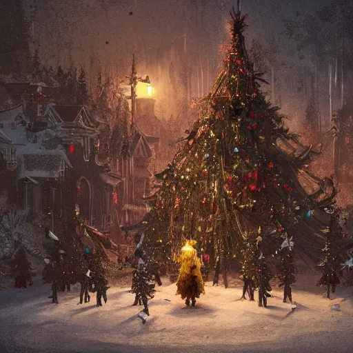 Prompt: a lonely christmas tree surrounded by krampus like monsters, nighttime, dark, surroundings are illuminated by the christmas tree, eerie, in the style of craig mullins