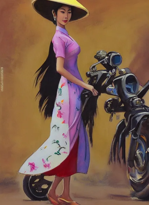 Prompt: a painting of a tall thin beautiful vietnamese girl in an ao dai dress and a conical hat standing in front of a motorcycle in the style of Frank frazetta