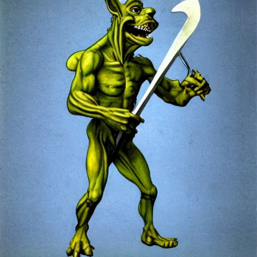 Image similar to dog - faced muscular goblin, ugly face, lizard tail, holding scimitar made of bone, scimitar, sword, jagged sword, curved sword, orkish sword, colorized, green skin, hyper - detailed, primeval fantasy, prehistoric fantasy, drawn by frank frazetta