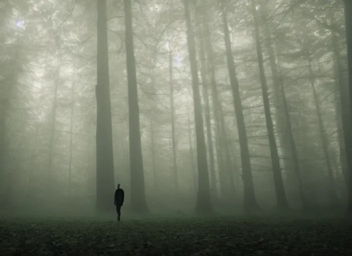 Image similar to a man and an alien ship in the form of a glowing sphere, dark forest, fog, rain, volumetric lighting, beautiful, mystique, golden hour, sharp focus, ultra detailed, concept art, gilles beloeil, andy park, jan urschel, dylan cole, noir art house, 4 k, 3 5 mm, fujifilm