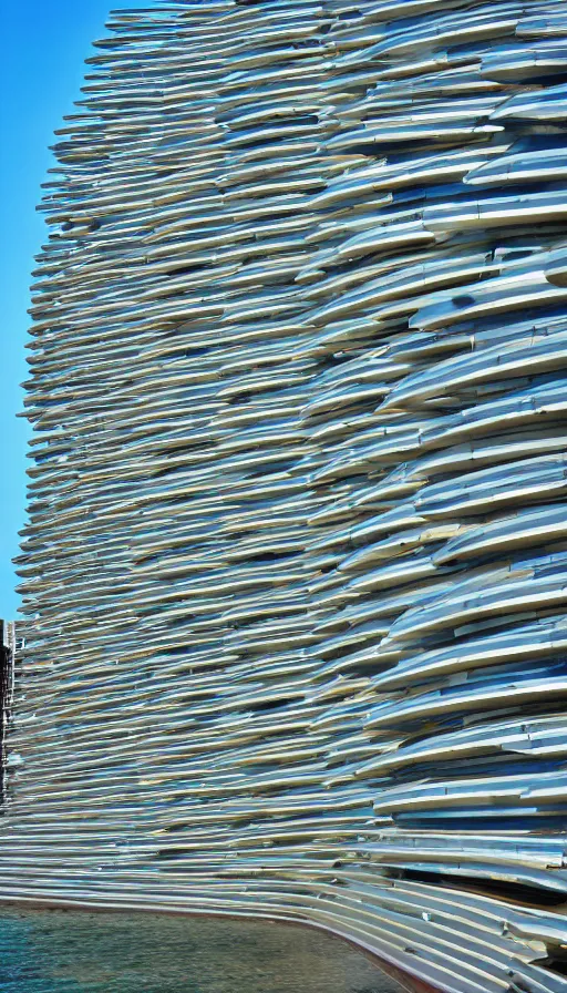 Prompt: color pentax photograph of a pristine frank gehry seawall. wide angle. very epic!