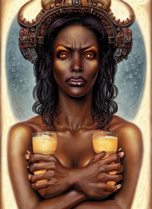 Image similar to stunning goddess of beers portrait, clear eyes and dark skin. realistic, symmetrical face. art by bowater charlie, mark brooks, julie bell, arian mark, tony sandoval