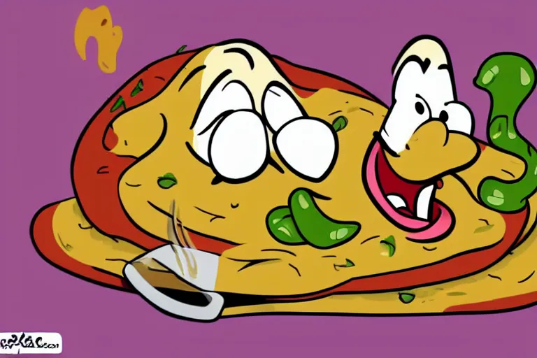 Image similar to spastic colon erupting hot greasy marinated cheese with jalapenos, illustrated in the style of wren and stimpy cartoons