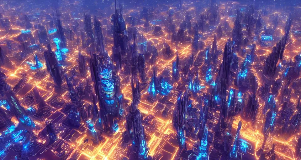 Image similar to a giant, futuristic city where everything is off the ground and is colored blue and gold, in the style of a star wars city, computer wallpaper