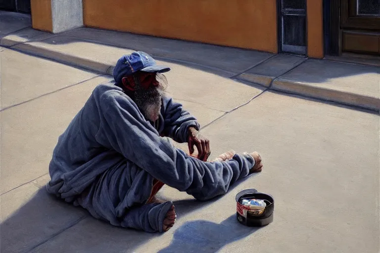 Image similar to ( ( a beautiful 8 k photorealistic masterpiece oil painting ) ( of ( a homeless man using crack in a los angeles sidewalk ) ) ) ( hyperrealism ) ( 1 6 k ) ( trending on artstation )