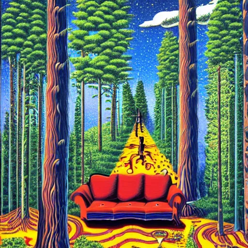 Prompt: psychedelic, trippy, bear cowboy, pine forest, couch, sofa, milky way, cartoon by rob gonsalves