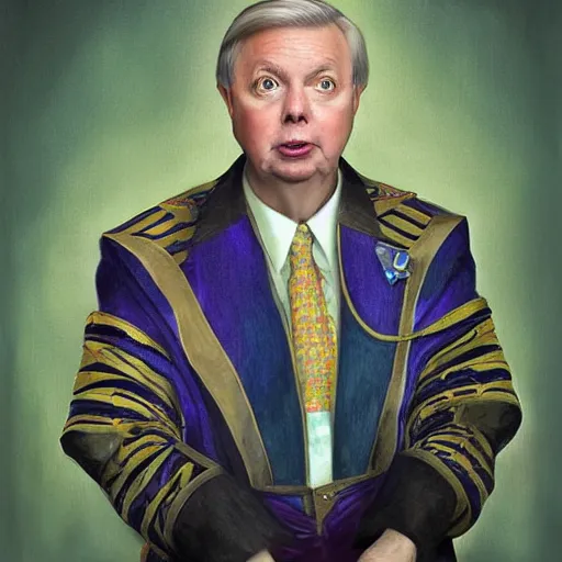 Image similar to portrait of lindsey graham dressed like a court jester. highly detailed, digital painting, cinematics, hyper realistic. dark retrowave. by stanley lau, villeneuve