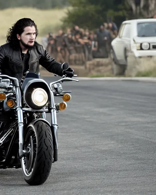 Prompt: kit harington as ez reyez, on his harley davidson motorcycle, going to meet his brother angel, in mayans m.c., 4k tv still, cdx