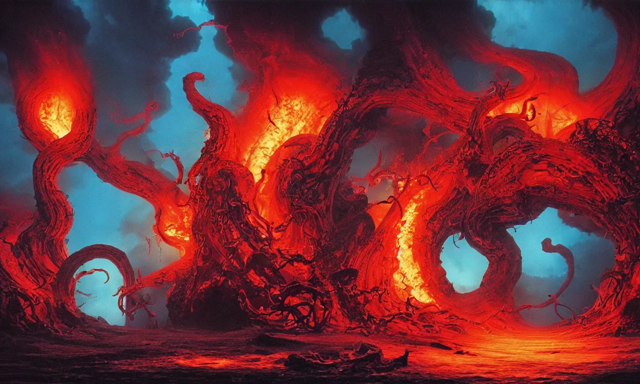 Prompt: painting by wayne barlowe. the swirling portal in the ocean erupts violently with fire and brimstone with hellacious abominations flying out of the portal in droves. photorealistic. intricate details. 3 5 mm photograph. dramatic lighting. action shot. absolute focus. masterpiece.