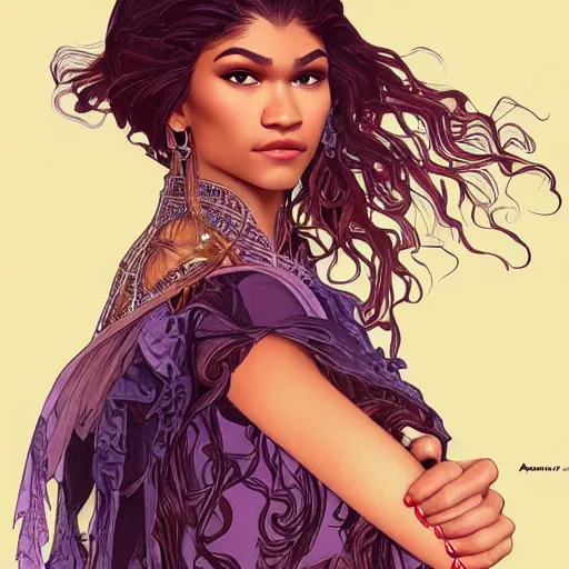 Prompt: A full portrait of Zendaya, intricate, elegant, highly detailed, digital painting, artstation, concept art, smooth, sharp focus, illustration, art by bouguerea and alphonse mucha