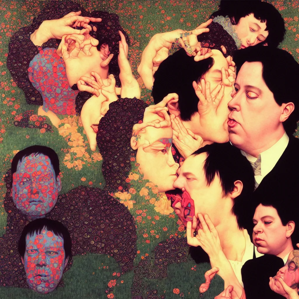 Prompt: weird and disturbing portrait of bill hicks kissing todd solondz, vivid colors, neon, art by ( ( ( kuvshinov ilya ) ) ) and wayne barlowe and gustav klimt and artgerm and wlop and william - adolphe bouguereau