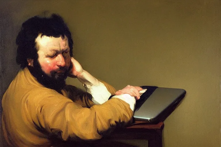 Prompt: a painting of an angry man slamming his hands on his laptop, a portrait by francisco jose de goya, pexels, classical realism, studio portrait, dutch golden age, ilya kuvshinov