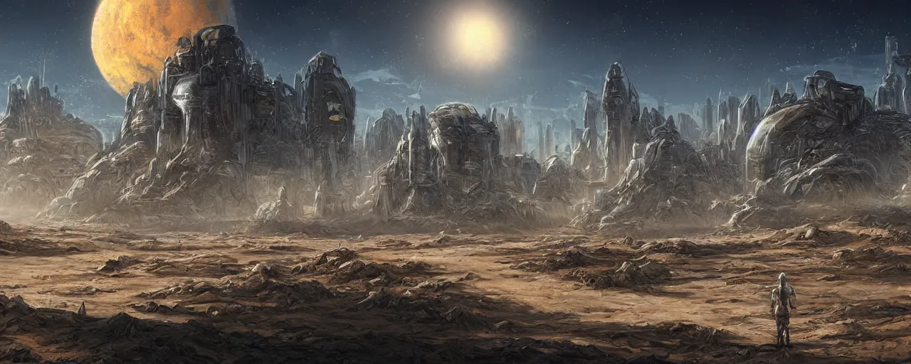 Prompt: Alien desert planet future cityscape