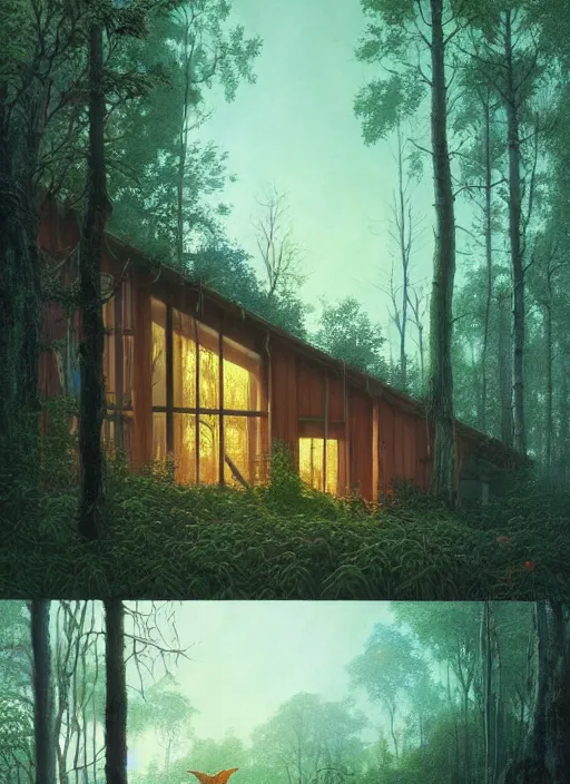 Image similar to hyper realistic witchy modern house with mood lighting and tech in the woods gorgeous lighting, blue sky, highly detailed, lush forest foliage painting by zdzisław beksinski and norman rockwell and greg rutkowski weta studio, and lucasfilm