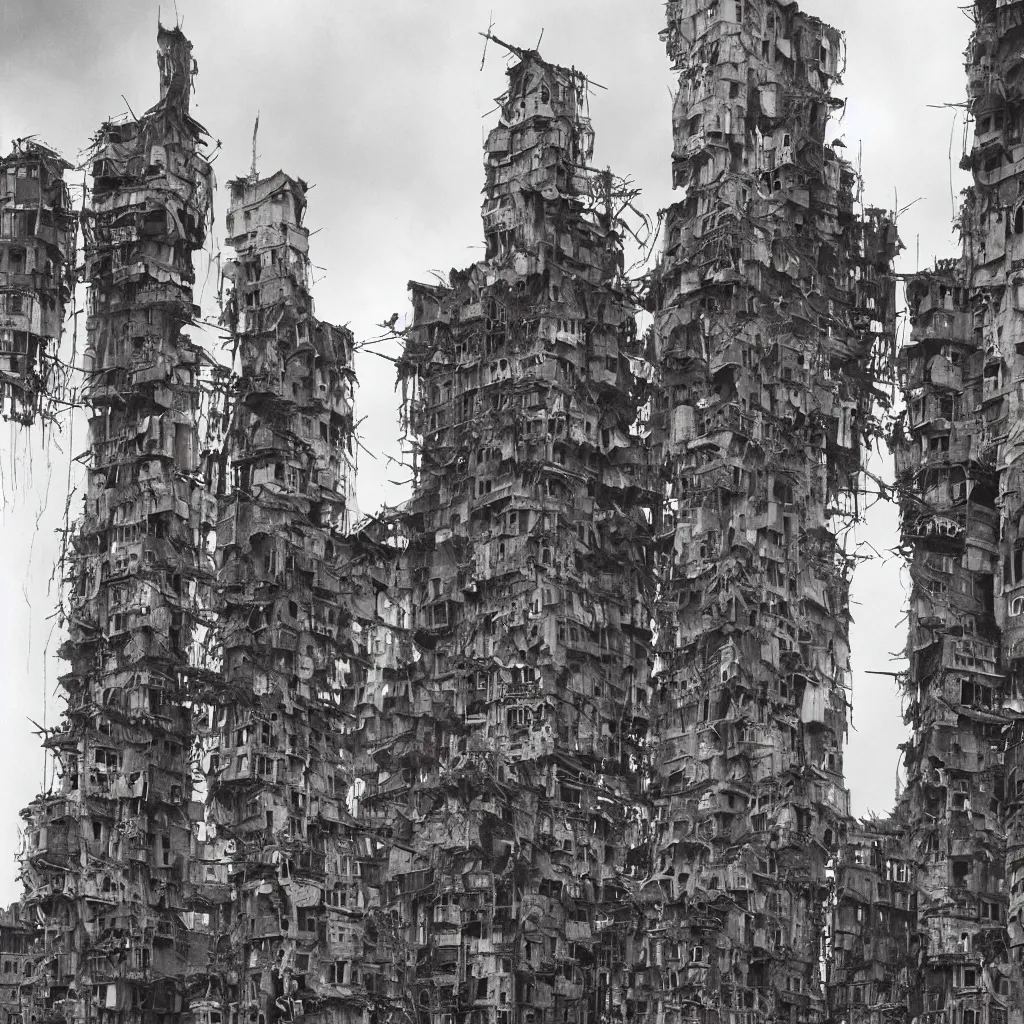 Image similar to tall towers, made up of makeshift squatter housing with faded colours, apocalyptic sky, misty, dystopia, mamiya rb 6 7, fully frontal view, ultra sharp, very detailed, photographed by terry gilliam