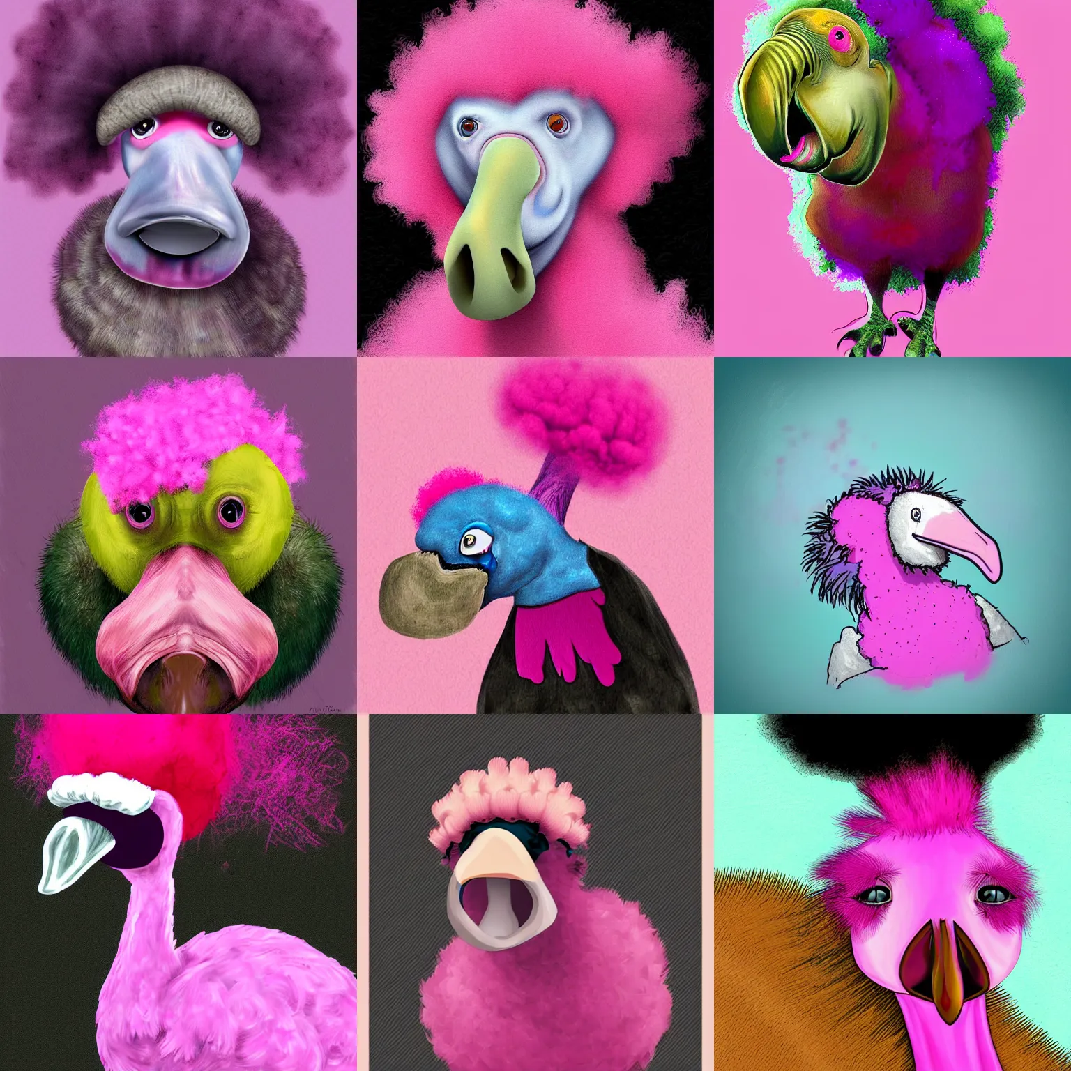 Prompt: a dodo with pink afro hair crying because he's scared, digital art