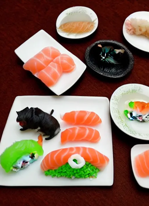 Image similar to clear photorealistic picture of adorable cats made from sushi rice, sitting on sushi plates with wasabi paste and soy sauce