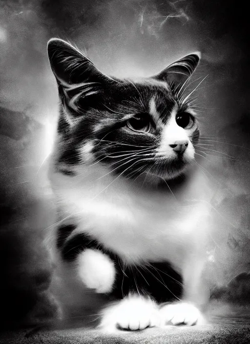 Image similar to cinematic shot epic black and white cat, hyper realistic, mood lighting, fantasy, detailed cat, highly detailed, super realistic, perfect lighting pixel sorting, style sheet