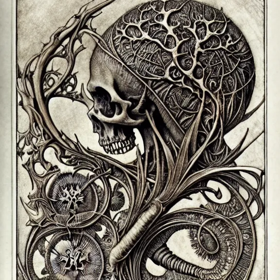 Image similar to memento mori by arthur rackham, art forms of nature by ernst haeckel, exquisitely detailed, art nouveau, gothic, ornately carved beautiful skull dominant, intricately carved antique bone, art nouveau botanicals, ornamental bone carvings, art forms of nature by ernst haeckel, horizontal symmetry, arthur rackham, ernst haeckel, symbolist, visionary