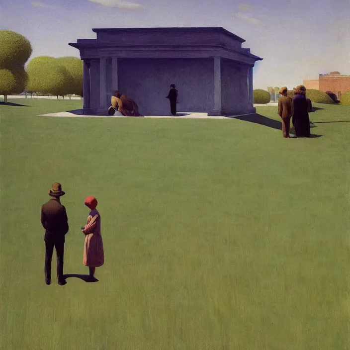 Prompt: people at museum looking at a grass lawn Edward Hopper and James Gilleard, Zdzislaw Beksinski, highly detailed