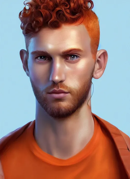 Prompt: illustration of curly orange hair men as a self portrait, smooth, unreal engine 5, octane, reflects, masterpiece artwork, ultra detailed, artgerm, as pixar film poster, digital art, trending on artstation, behance, deviantart