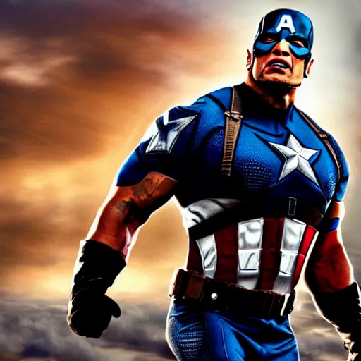 Image similar to dwayne johnson as captain america posing for a cover of a movie, realistic photo, highly detailed, precise, high definition