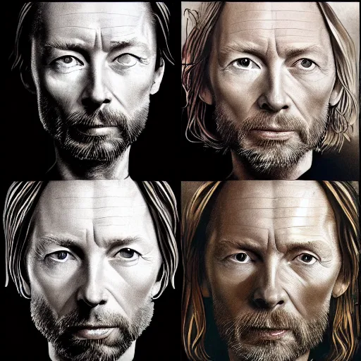 Prompt: collages, hyper realistic, many variations portrait of very old thom yorke, face variations, singer songwriter, ( side ) profile, various ages, macro lens, liminal space, by lee bermejo, alphonse mucha and greg rutkowski, greybeard, smooth face, cheekbones