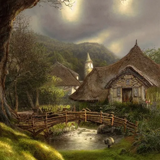 Image similar to a small serene fantasy village on the edge of the woods, by alan lee, lord of the rings, smooth, detailed terrain, oil painting, matte painting, concept art, trending on artstation