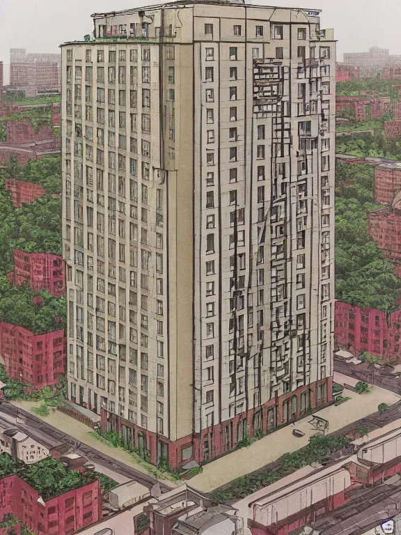 Prompt: Photo of Soviet apartment building, isometric, Shishkin, Ghibli