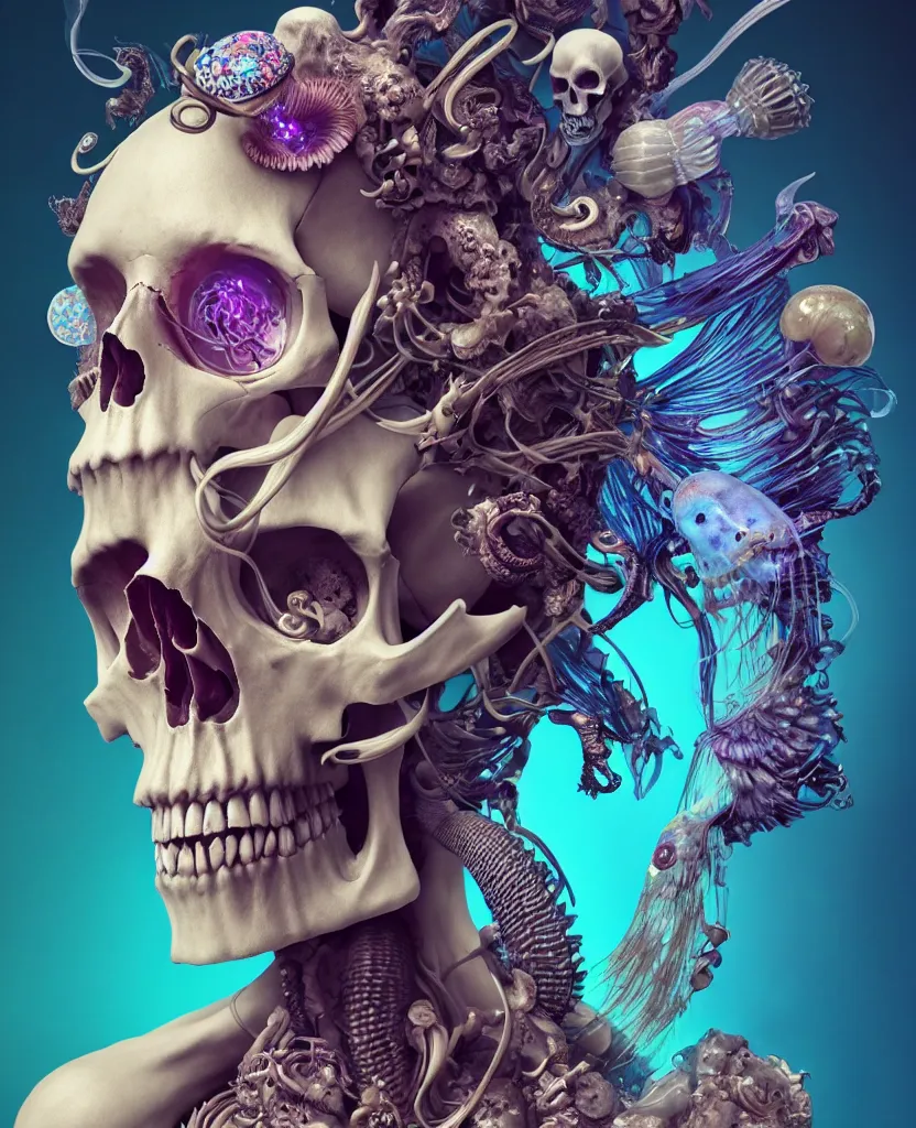 Image similar to goddess close-up portrait skull with mohawk, ram skull, skeleton, thorax, x-ray, backbone, jellyfish phoenix head, nautilus, orchid, skull, betta fish, bioluminiscent creatures, intricate artwork by Tooth Wu and wlop and beeple. octane render, trending on artstation, greg rutkowski very coherent symmetrical artwork. cinematic, hyper realism, high detail, octane render, 8k