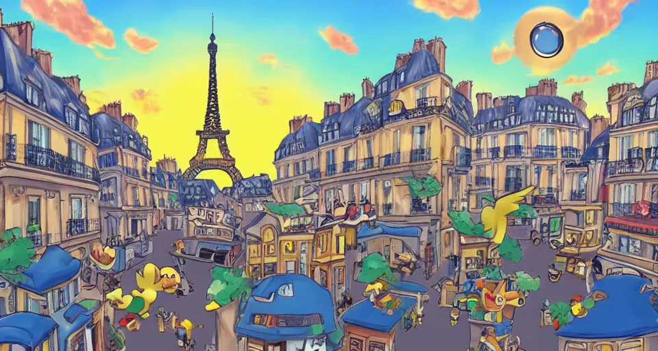 Image similar to paris in pokemon city style, golden hour