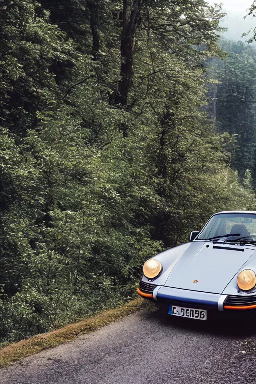 Image similar to Photo of a Porsche 911 Carrera 3.2 on a winding road through mountains and forests. Canon EOS 100, 28-80mm USM MkI, Ektachrome E100