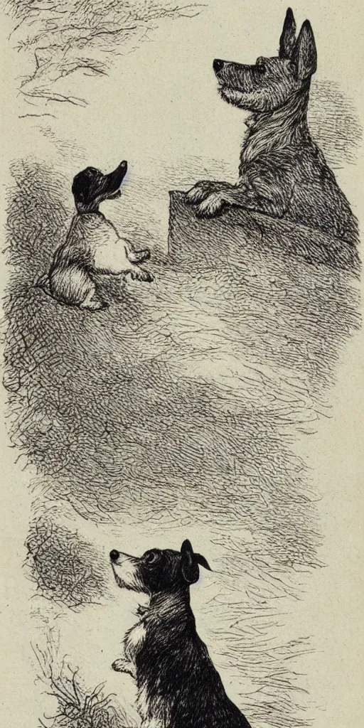 Image similar to jack russel dog looking up, silhouette, highly detailed illustrated by peggy fortnum and beatrix potter and sir john tenniel