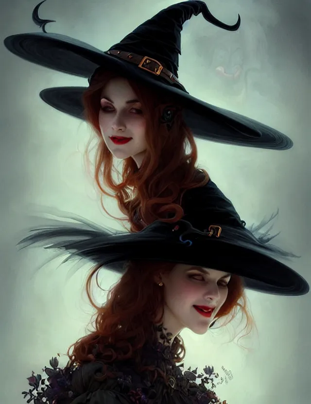 Image similar to halloween witch woman in a hat smiles, fantasy magic, undercut hairstyle, dark light night, intricate, elegant, sharp focus, illustration, highly detailed, digital painting, concept art, matte, art by wlop and artgerm and greg rutkowski and alphonse mucha, masterpiece