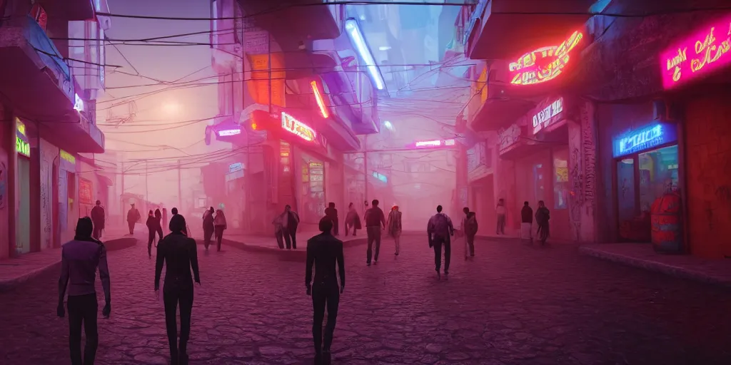 Image similar to a futuristic small mexican town cobbled street, blade runner 2 0 4 9 city architecture, mexican dia de muertos decorations, environmental lighting, stromy weather, ray tracing, people walking on street, amazing view, highly detailed, neon shops, octane render, unreal engine 5, 4 k