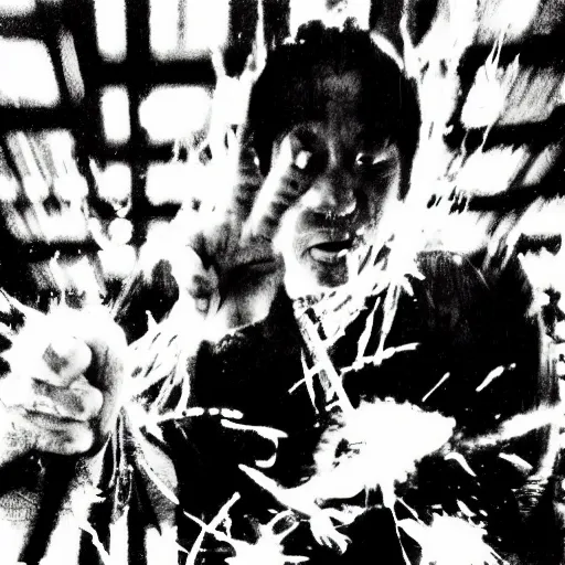 Prompt: A wizard waves his staff at a gangster, frantic, chaotic, ethereal, b&w, are-bure-boke!!!!!!!!, by Daido Moriyama!!!!!!