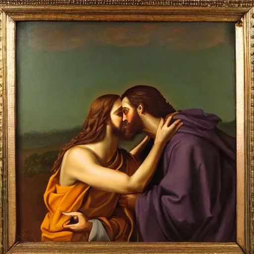 Image similar to 1 8 th oil panting of a jesus kissing a woman