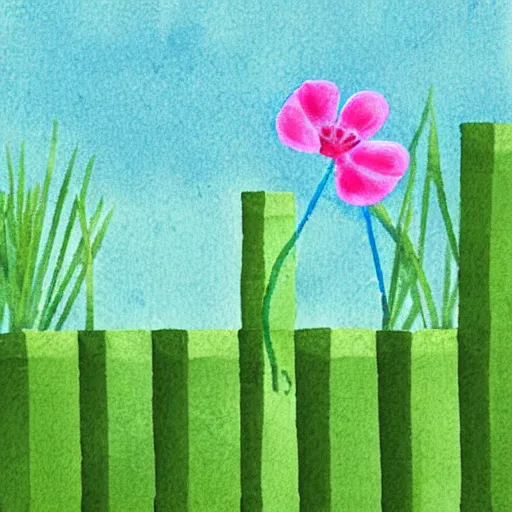 Prompt: cute simplistic watercolor illustration of a Minecraft grass block with a flower on top of it, digital art