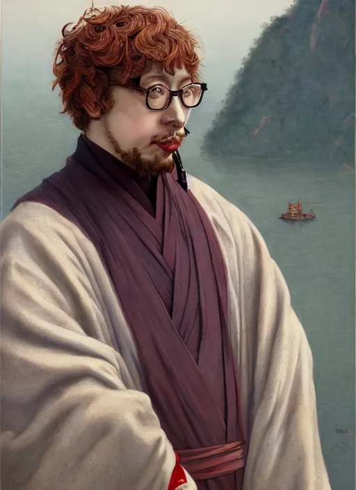 Image similar to sam hyde in hanfu suit, sigma male, accurately portrayed, rule of thirds, by jakub rebelka, martine johanna, wadim kashin, dino valls, great wall of china in the distance, very detailed, smooth, sharp focus, octane render, close up, face anatomy