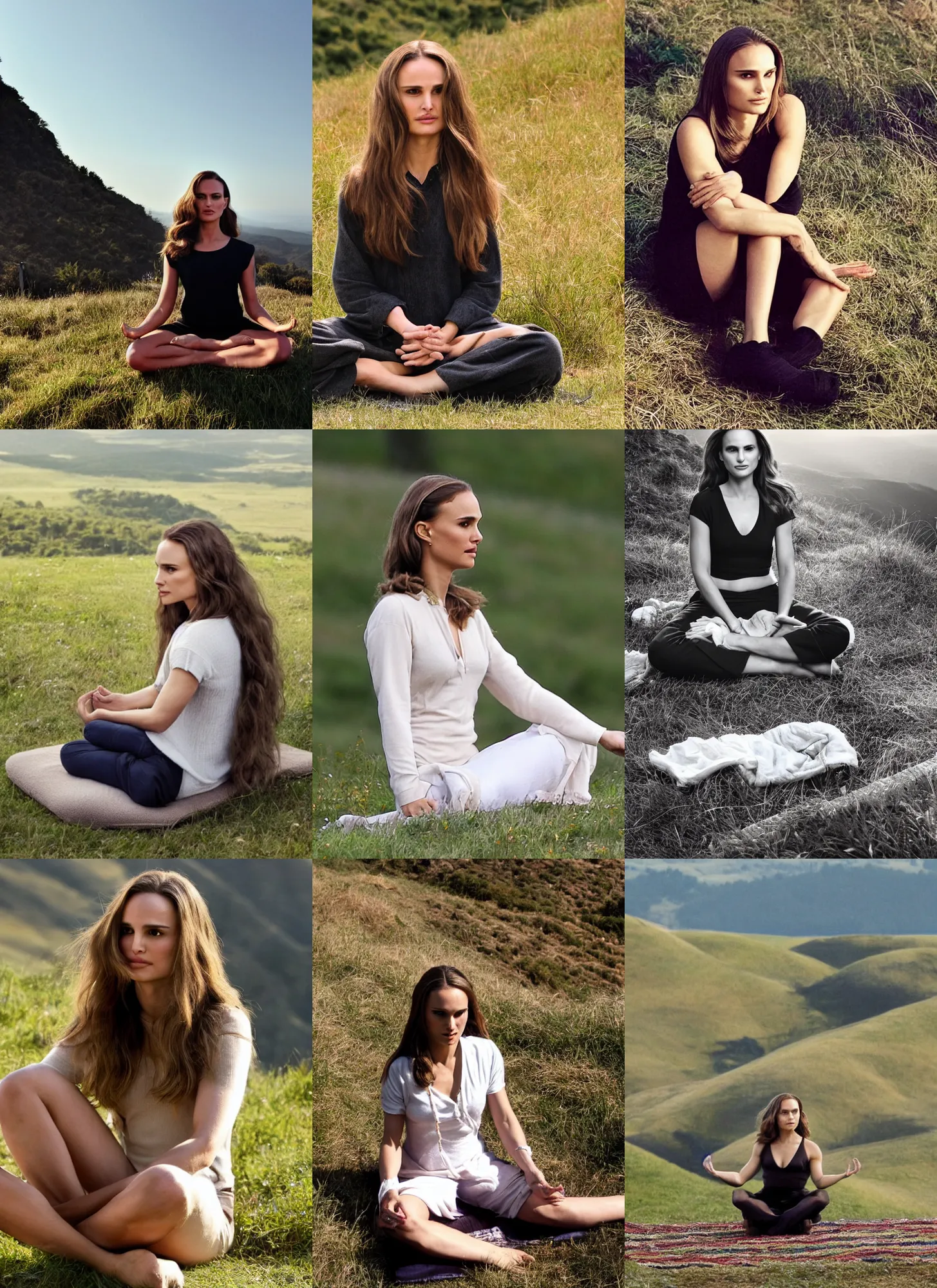 Prompt: natalie portman with extremely long hair sitting on top of a hill meditating in the morning sun