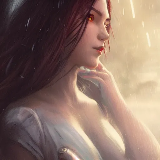 Image similar to female vampire, heavy rain, wind, thunder, reflections, deep focus, d & d, fantasy, intricate, elegant, highly detailed, digital painting, artstation, concept art, matte, sharp focus, illustration, hearthstone, art by artgerm and greg rutkowski and alphonse mucha