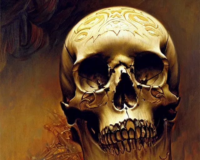 Image similar to a human skull with intricate carvings. highly detailed painting by gaston bussiere, craig mullins, j. c. leyendecker 8 k