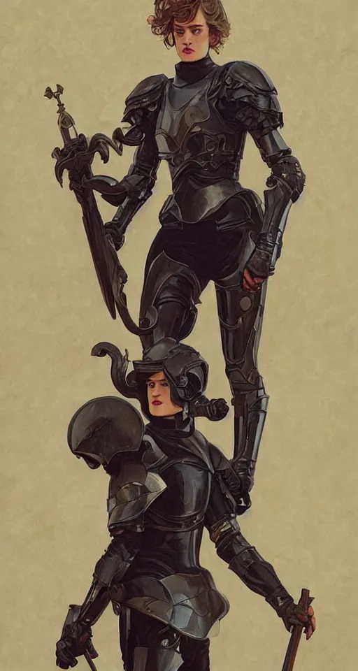 Image similar to mackenzie davis actress wearing black armour with bare legs, mucha, hard shadows and strong rim light, art by jc leyendecker and atey ghailan and sachin teng