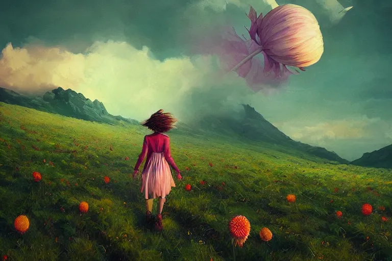 Image similar to giant dahlia flower as a head, girl walking on mountain, surreal photography, stars, dramatic light, impressionist painting, storm clouds, digital painting, artstation, simon stalenhag
