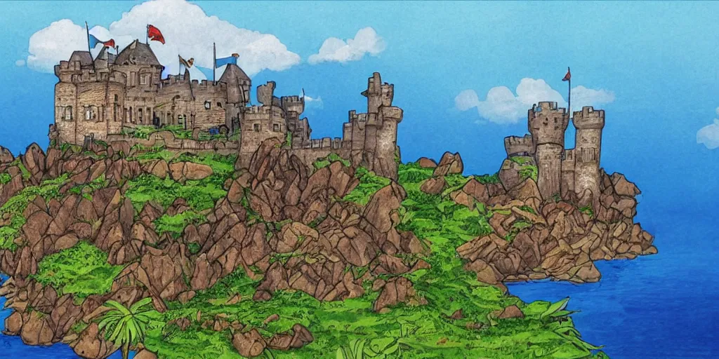 Image similar to stunning landscape of a castle on a lost island on a sunny day by brian k. vaughan