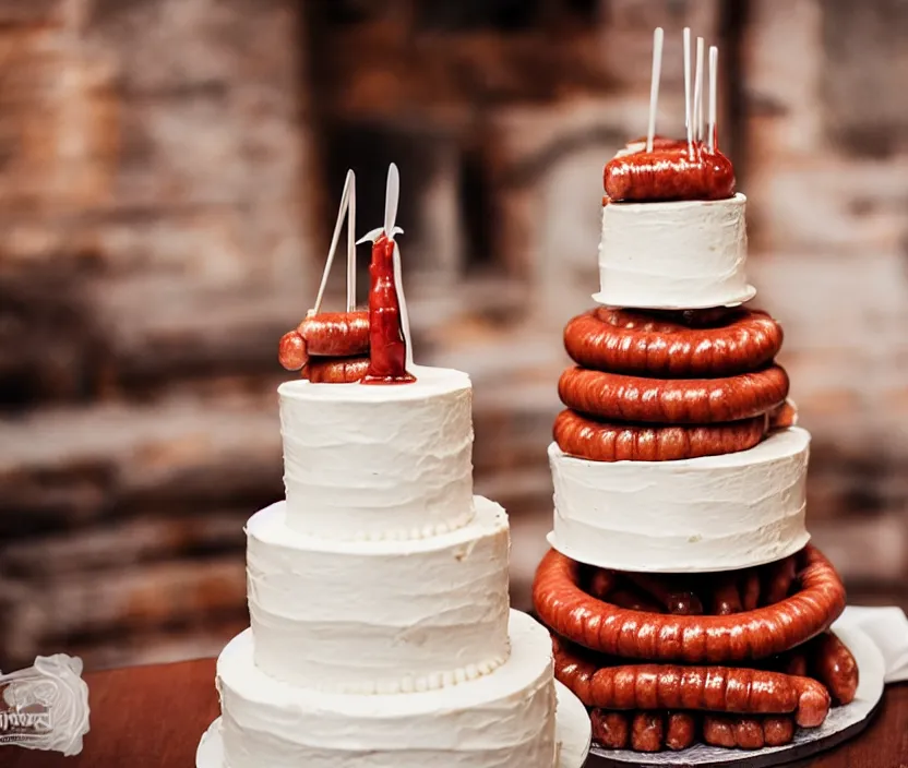 Prompt: photo of a wedding cake with sausages and ketchup