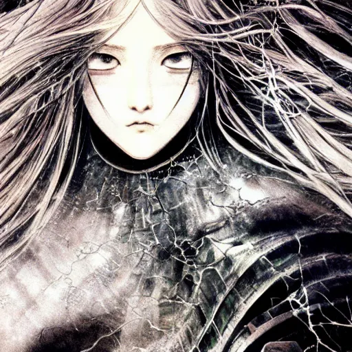 Prompt: yoshitaka amano realistic illustration of an anime girl with wavy white hair and cracks on her face wearing elden ring armour with the cape fluttering in the wind, abstract black and white patterns on the background, noisy film grain effect, highly detailed, renaissance oil painting, weird portrait angle