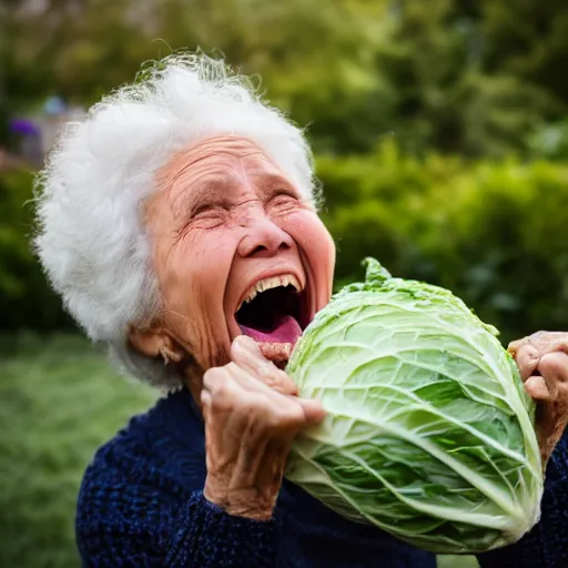 Prompt: elderly woman screaming at a cabbage, canon eos r 3, f / 1. 4, iso 2 0 0, 1 / 1 6 0 s, 8 k, raw, unedited, symmetrical balance, wide angle