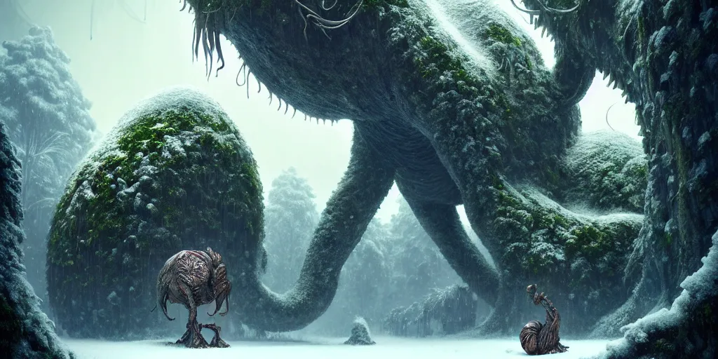 Image similar to a giant creature in a lush trunda vegetation, snow snow : : by michal karcz, daniel merriam, victo ngai and guillermo del toro : : ornate, dynamic, particulate, intricate, elegant, highly detailed, centered, artstation, smooth, sharp focus, octane render, 3 d